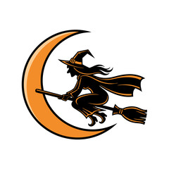 Bold halloween vector illustration flying witch on broomstick with orange crescent moon graphic