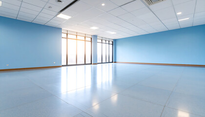 Fototapeta premium Bright, airy empty office space with light blue walls, tiled floor, and large windows showcasing natural sunlight.