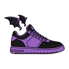 Gothic fashion sneaker vector illustration with purple accents and bat wings