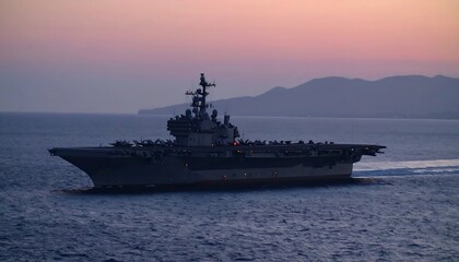 Obraz premium Majestic warship silhouettes against a vibrant sunset