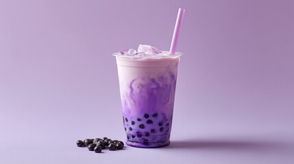 Delicious taro bubble tea drink with tapioca pearls and ice cubes on a purple background perfect aesthetic drink