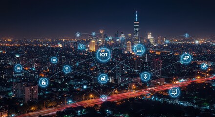 Dynamic smart city connectivity illuminated by glowing IOT network nodes and digital icons against a vibrant night cityscape with light trails