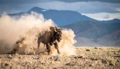 Bison running through a dust cloud in a desert landscape