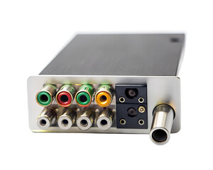 Rear view of an audiovideo connector panel with multiple input and output jacks, isolated on transparent background