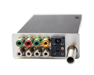 Rear view of an audiovideo connector panel with multiple input and output jacks, isolated on transparent background