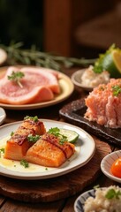 Grilled salmon fillets garnished with herbs and lime on a wooden plate, with side dishes, copy space
