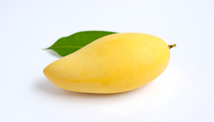 Ripe Yellow Mango with Green Leaf on White Background: Fresh, Vibrant, and Juicy Tropical Fruit Image.