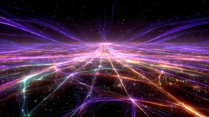 Naklejka premium A vibrant, abstract digital artwork featuring a network of colorful lines and shapes against a dark background, with a starry sky in the background. 