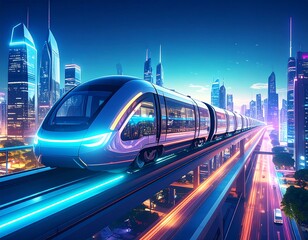 Futuristic train in night city