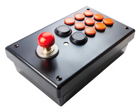 Black arcade fighting game controller with red joystick and orange buttons, isolated on transparent background