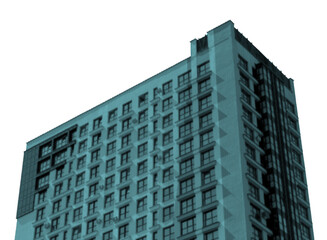 Fototapeta premium Building collage in retro halftone style. Creative concrete multistorey facade design of tall