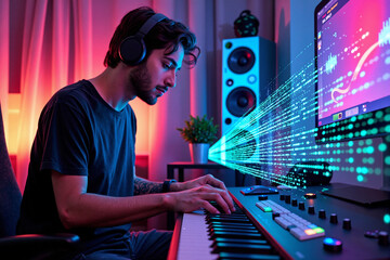 Obraz premium Young musician with headphones creates electronic music on a synthesizer keyboard in a futuristic studio with neon lights and flowing digital data streams