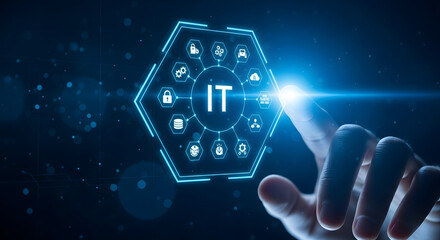 Hand touching futuristic it hexagon with glowing icons and data flow