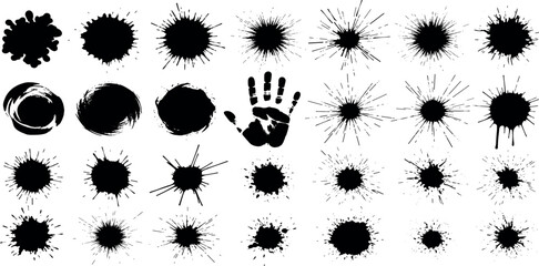 Set of black ink splatters, paint blots, and grunge handprint vector illustrations isolated on white background