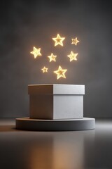 Magical Gift: Open Box with Glowing Stars on a Gray Background