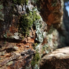 A close-up of a tree trunk with moss and lichen growing on it, set against a blurred background of more trees and foliage.