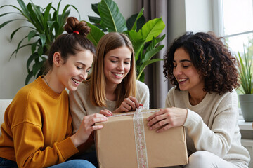Three happy young women friends gather on a sofa and excitedly open a cardboard delivery box together, representing the joy of online shopping and unboxing