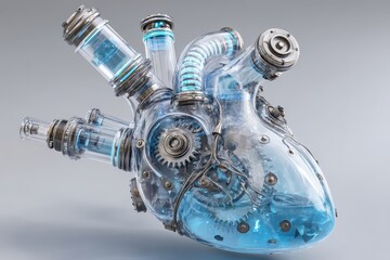 Mechanical Heart: Transparent Design with Gears and Blue Liquid, Futuristic Concept