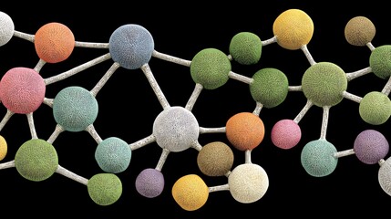 A colorful molecular structure with multiple spheres connected by lines, set against a black background.