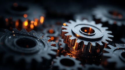 A close-up of a mechanical gear system with glowing orange and black gears, set against a dark background with a few glowing orange spots, creating a dramatic and industrial atmosphere.