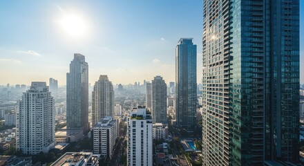 Obraz premium Stunning modern city skyline bathed in golden morning sun with towering glass skyscrapers reflecting clear blue sky and distant haze