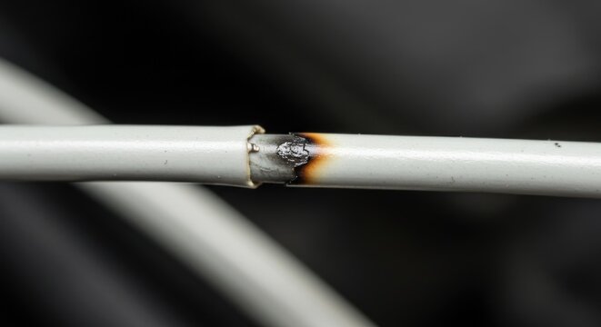 Macro shot of a damaged white electrical cable with burnt insulation