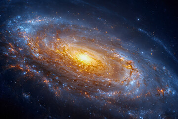 Obraz premium Brightly illuminated galaxy with swirling star clusters in deep space