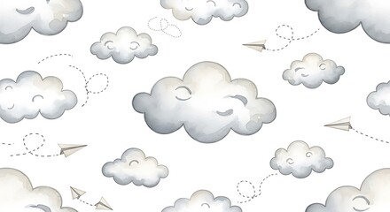 Obraz premium Hand-Drawn Whimsical Cloud Pattern with Soft Grey Shading for Playful Children’s Design 