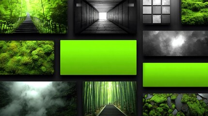Green screen overlay designs for keying effects with modern layouts and placeholders, perfect for video editing and content creation