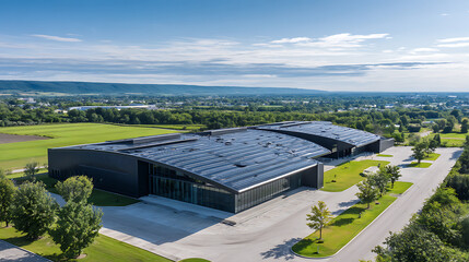 Modern dark building with curved roof and glass facade surrounded by green landscape modern building