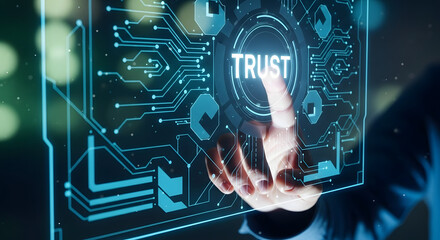 Finger touches glowing trust button on futuristic digital interface