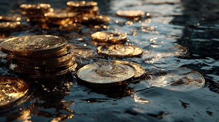 A pile of gold coins floating on water, with a golden sun shining on them.