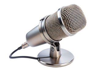 Vintage silver microphone on a stand, isolated on transparent background