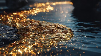A stream of gold coins flows into a pool of water, creating a shimmering effect. 