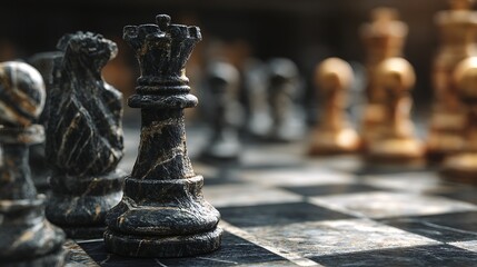 A chess board with a black and white chess piece in the foreground, surrounded by other chess pieces in the background. 