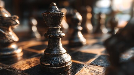 A chess board with a black queen piece in the foreground, surrounded by other chess pieces in the background. 