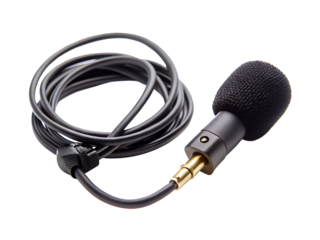 Lavalier microphone with a coiled cable and 35mm jack isolated on transparent background