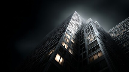 Two tall, modern skyscrapers with illuminated windows, standing against a dark, foggy sky.