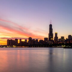 Fototapeta premium City skyline at sunset with glowing lights and dramatic sky