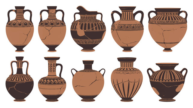 Ten Ancient Greek Pottery Vases with Black and Terracotta Designs amphora