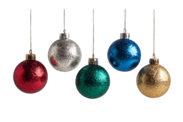 A set of five hanging Christmas ornaments in different colors, including silver, red, teal green, and gold against a isolated on a transparent background in PNG format