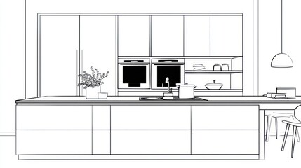 Minimalist kitchen sketch cabinets, island, oven, sink, shelves