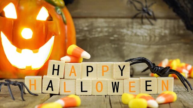 Happy Halloween wooden blocks with flickering jack o lantern, candy corn and decor against an old wood background