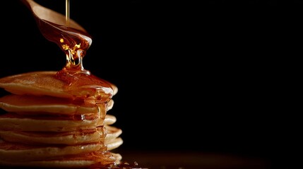 Golden maple syrup pouring over stack of mini pancakes