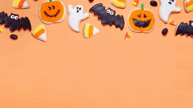 Halloween cookie top border. Overhead view stop motion video on an orange background with copy space. Ghosts, bats, jack o lanterns and candy corn.
