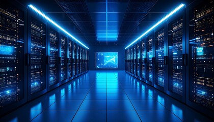 Futuristic server room with glowing blue lights