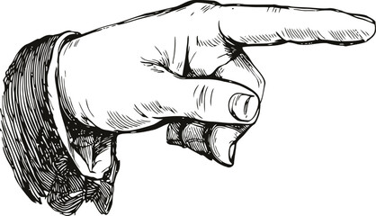 Vector engraving hand of gentleman or senior in pointing finger gesture. Vintage old book style illustration.