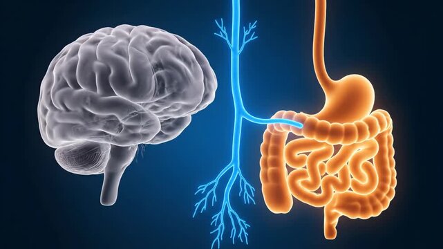 Brain Gut Axis Connection - 3D video illustration of the brain gut axis, showcasing the connection between the brain and the digestive system via the vagus nerve.