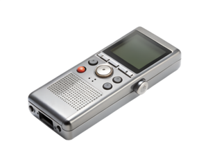 Silver digital voice audio recorder with screen and buttons isolated on transparent background