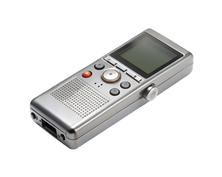 Silver digital voice audio recorder with screen and buttons isolated on transparent background